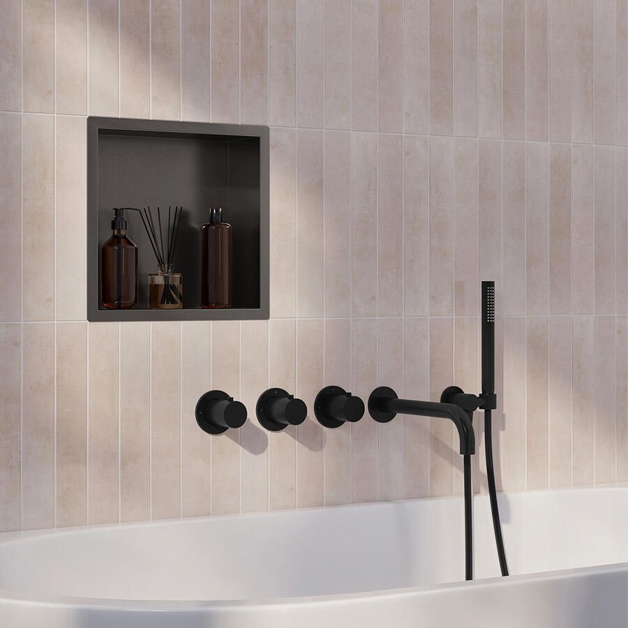 Wiesbaden Caral Inbouwthermostaat 2 Stopkranen Compleet Met Baduitloop 25 cm En Staafhanddouche Mat Zwart