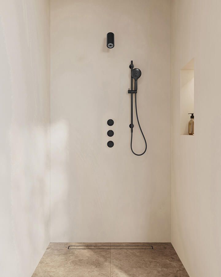 Wiesbaden Caral Inbouwthermostaat 2 Stopkranen Compleet Met Beam Hoofddouche Glijstang En 3 Standen Handdouche Mat Zwart