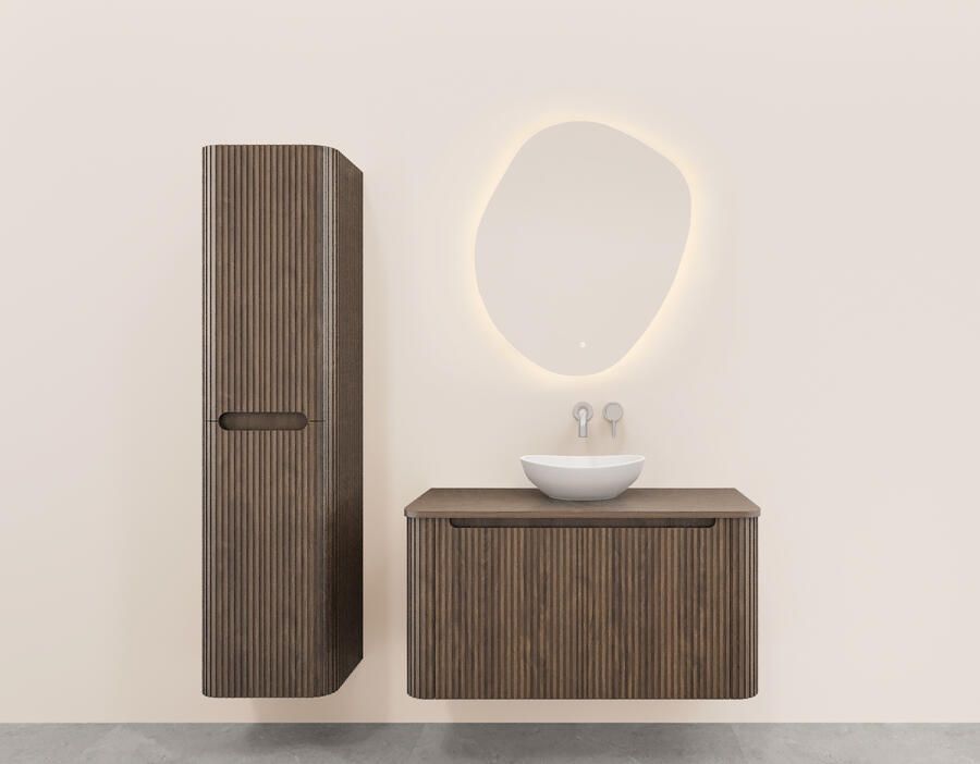 Wiesbaden Onderkast Sulora 80x48 cm Afgeronde Hoeken Geribbeld Met 1 Lade 1 Uitsparing Bruin Eiken