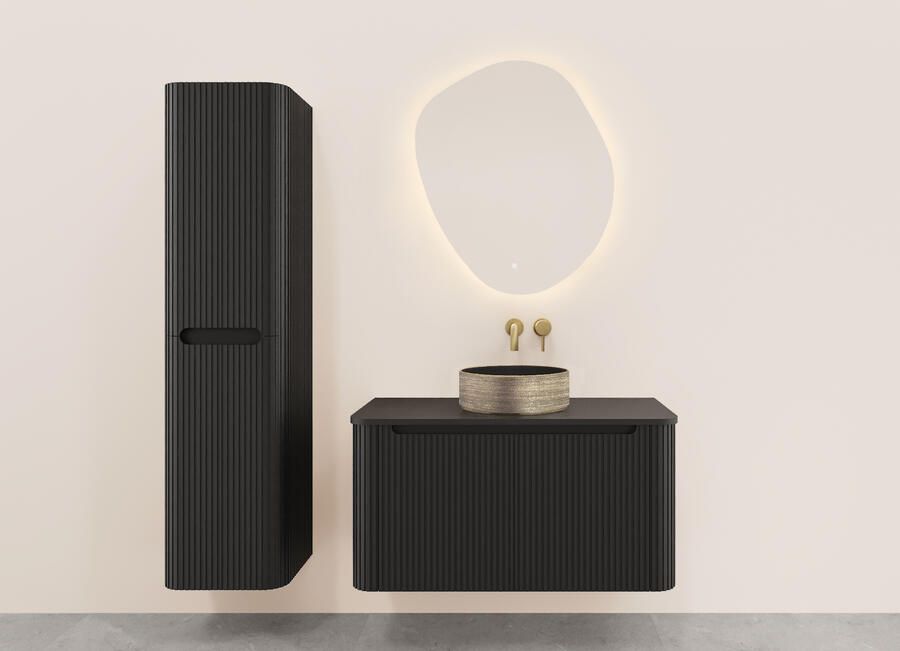 Wiesbaden Onderkast Sulora 80x48 cm Afgeronde Hoeken Geribbeld Met 1 Lade 1 Uitsparing Mat Zwart