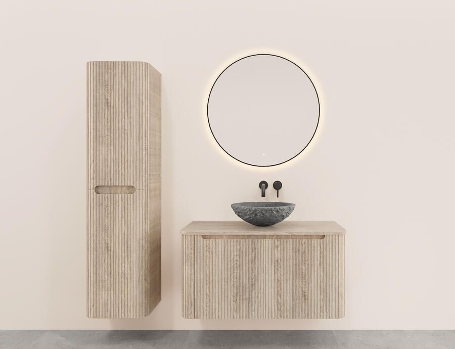 Wiesbaden Onderkast Sulora 100x48 cm Afgeronde Hoeken Geribbeld Met 1 Lade 1 Uitsparing Licht Eiken