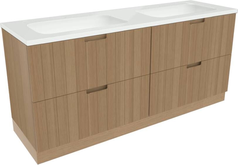Balmani Adagio staand badkamermeubel 180 x 55 cm verweerd eiken met Tablo Radiante dubbele wastafel in glanzend composiet marmer