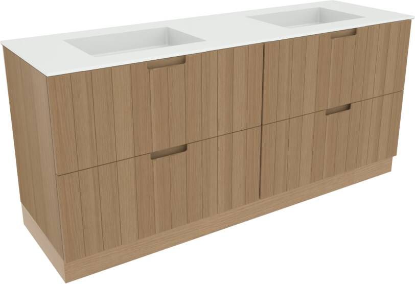 Balmani Adagio staand badkamermeubel 180 x 55 cm verweerd eiken met Tablo Stretto dubbele wastafel in matte Solid Surface