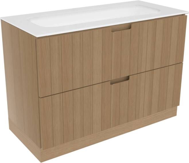 Balmani Adagio staand badkamermeubel 120 x 55 cm verweerd eiken met Tablo Arcatto enkele wastafel voor 2 kraangaten in matte Solid Surface