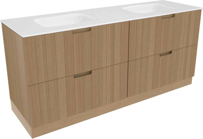 Balmani Adagio staand badkamermeubel 180 x 55 cm verweerd eiken met Tablo Arcatto dubbele wastafel in matte Solid Surface