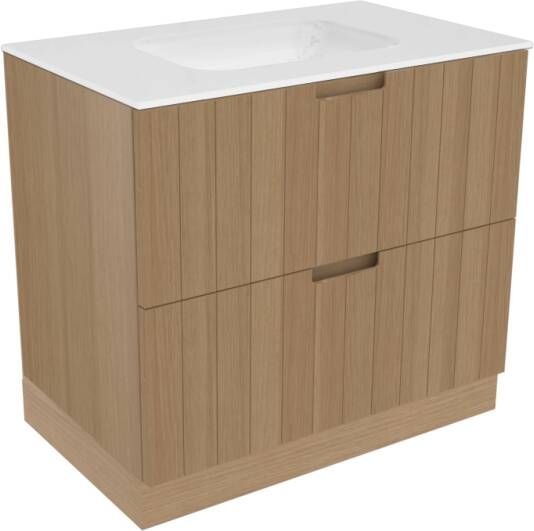 Balmani Adagio staand badkamermeubel 90 x 55 cm verweerd eiken met Tablo Arcatto enkele wastafel in matte Solid Surface
