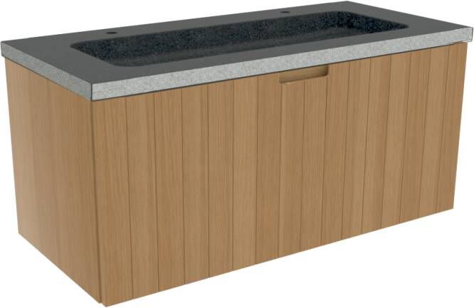 Balmani Adagio zwevend badkamermeubel 120 x 55 cm verweerd eiken met Napoli Due enkele wastafel voor 2 kraangaten in verzoete graniet