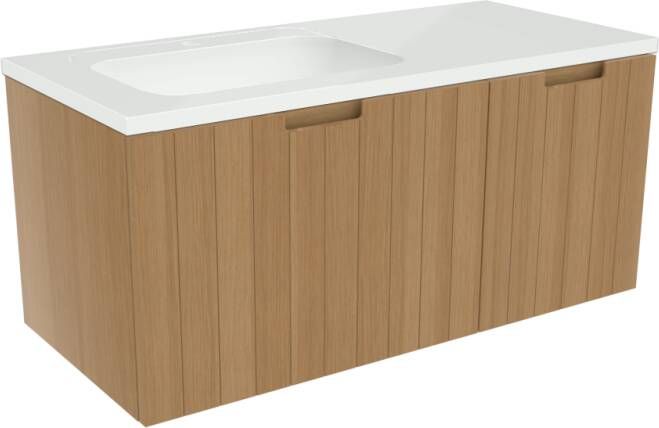 Balmani Adagio zwevend badkamermeubel 120 x 55 cm verweerd eiken met Tablo Radiante asymmetrisch linkse wastafel in glanzend composiet marmer