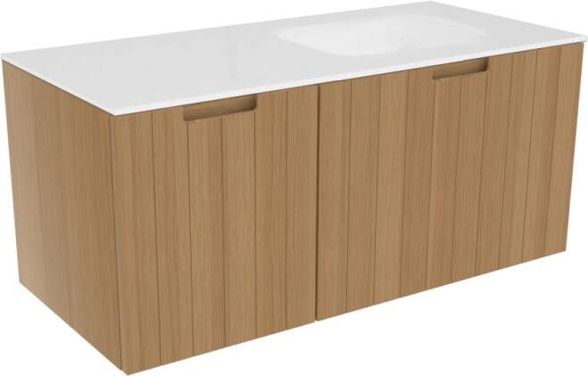 Modulo Badkamermeubel Met Wastafel | 120 Cm Lichtgrijs Eiken Vlak Front Mineraalmarmer 4 Hoge Lades 117359