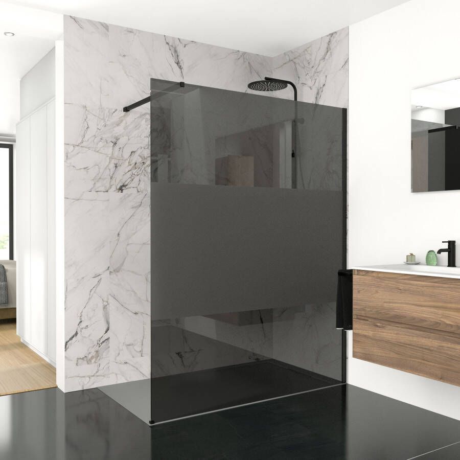 Balmani Modular inloopdouche 140 x 200 cm rookglas met matte strook mat zwart profiel