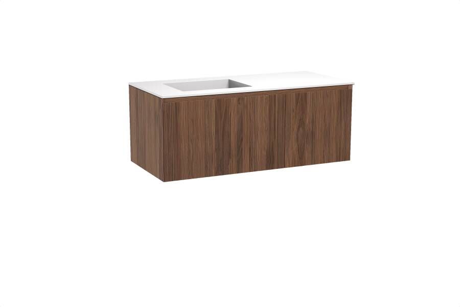 Balmani Fila zwevend badmeubel 120 x 55 cm notenhout met Tablo Stretto asymmetrisch linkse wastafel in solid surface mat wit Verticale symmetrische rechte ribbel