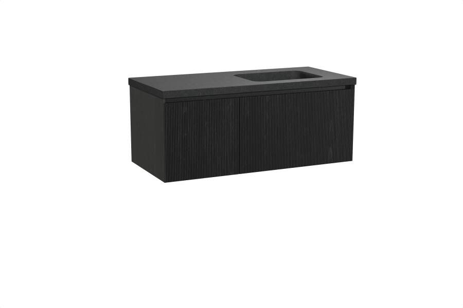 Balmani Fila zwevend badmeubel 120 x 55 cm zwart eiken met Napoli asymmetrisch rechtse wastafel in zwart graniet Verticale symmetrische rechte ribbel