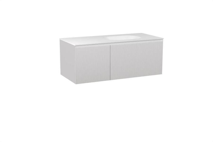 Balmani Fila zwevend badmeubel 120 x 55 cm mat wit met Tablo Oval asymmetrisch rechtse wastafel in solid surface mat wit Verticale symmetrische rechte ribbel