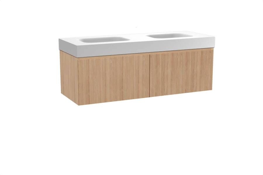 Balmani Fila zwevend badmeubel 150 x 55 cm naturel eiken met Arcato dubbele wastafel in solid surface mat wit Verticale symmetrische rechte ribbel
