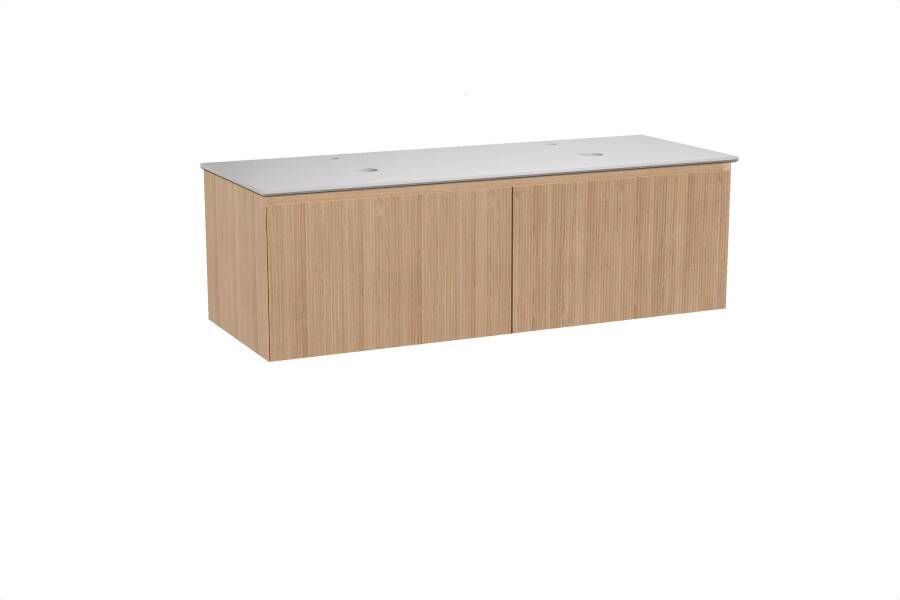 Balmani Fila zwevend badmeubel 150 x 55 cm naturel eiken met Facetta dubbel wastafelblad in solid surface mat wit Verticale symmetrische rechte ribbel