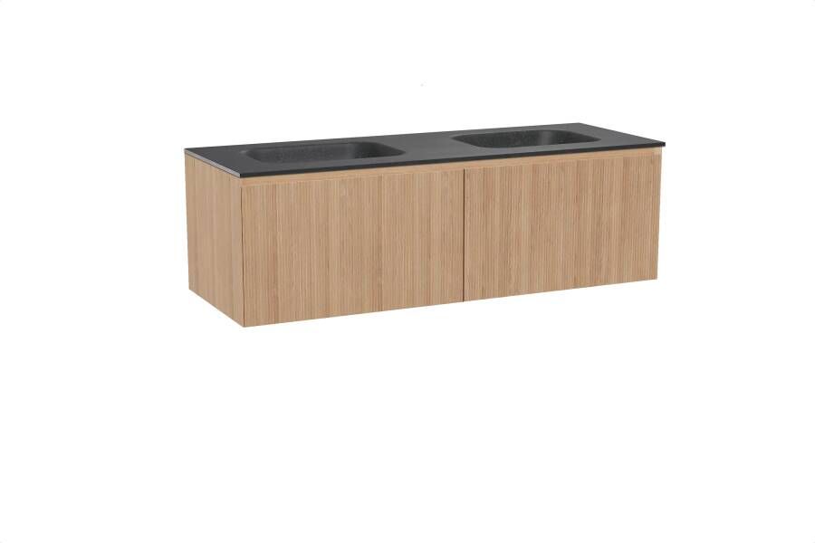 Balmani Fila zwevend badmeubel 150 x 55 cm naturel eiken met Tablo Arcato dubbele wastafel in zwart graniet Verticale symmetrische rechte ribbel