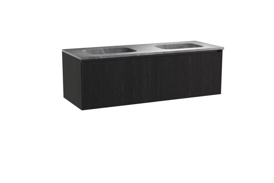 Balmani Fila zwevend badmeubel 150 x 55 cm zwart eiken met Tablo Arcato dubbele wastafel in marmer pietra grey Verticale symmetrische rechte ribbel