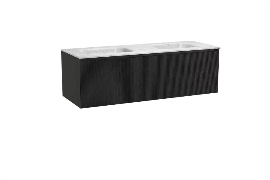 Balmani Fila zwevend badmeubel 150 x 55 cm zwart eiken met Tablo Arcato dubbele wastafel in marmer carrara Verticale symmetrische rechte ribbel