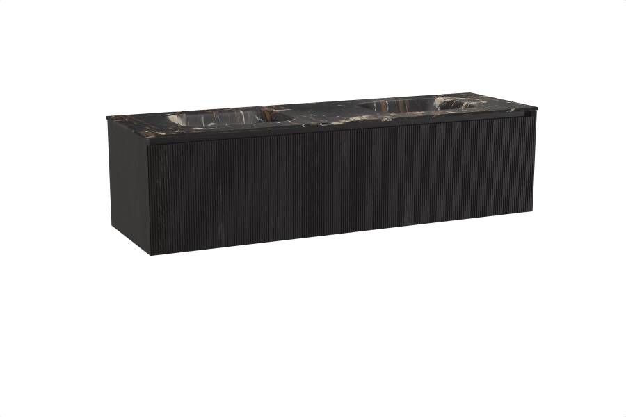 Balmani Fila zwevend badmeubel 180 x 55 cm zwart eiken met Tablo Arcato dubbele wastafel in marmer portoro gold Verticale symmetrische rechte ribbel