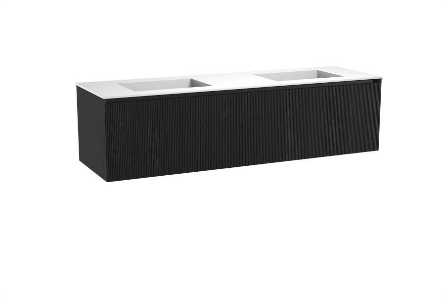 Balmani Fila zwevend badmeubel 180 x 55 cm zwart eiken met Tablo Stretto dubbele wastafel in solid surface mat wit Verticale symmetrische rechte ribbel