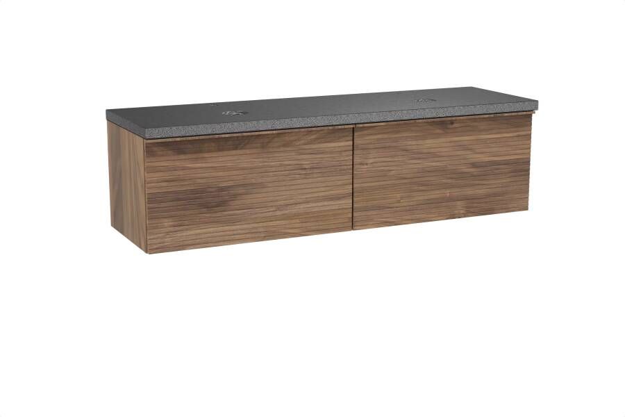 Balmani Forma zwevend badmeubel 180 x 55 cm amerikaans notenhout met Rock dubbel wastafelblad in zwart graniet Horizontale symmetrische rechte ribbel