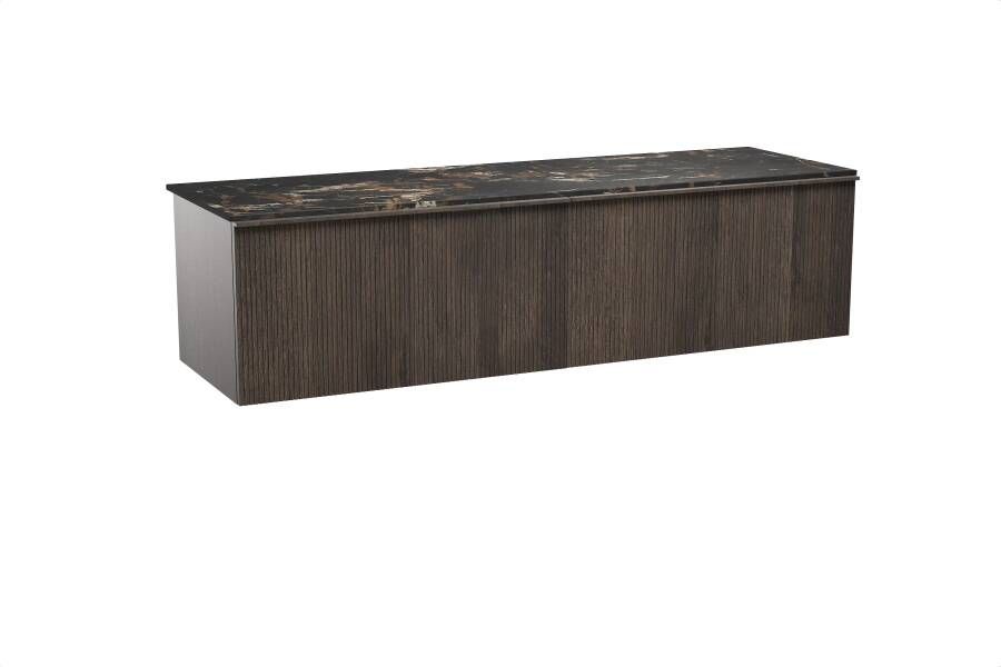 Balmani Forma zwevend badmeubel 180 x 55 cm gerookt eiken met Stretto enkel of dubbel wastafelblad in marmer portoro gold Verticale symmetrische rechte ribbel