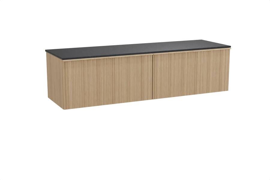 Balmani Forma zwevend badmeubel 180 x 55 cm naturel eiken met Stretto enkel of dubbel wastafelblad in zwart graniet Verticale asymmetrische ronde ribbel