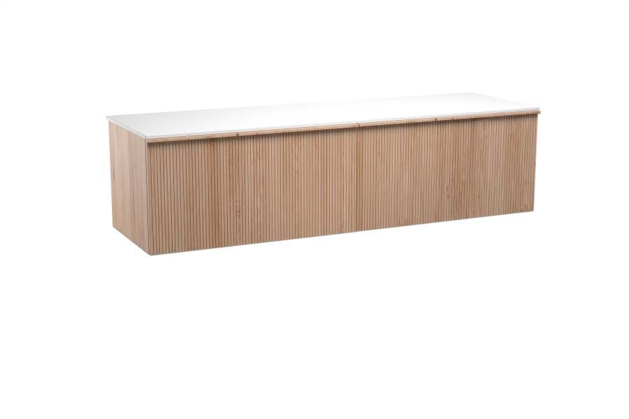 Balmani Forma zwevend badmeubel 180 x 55 cm naturel eiken met Stretto enkel of dubbel wastafelblad in solid surface mat wit Verticale symmetrische rechte ribbel