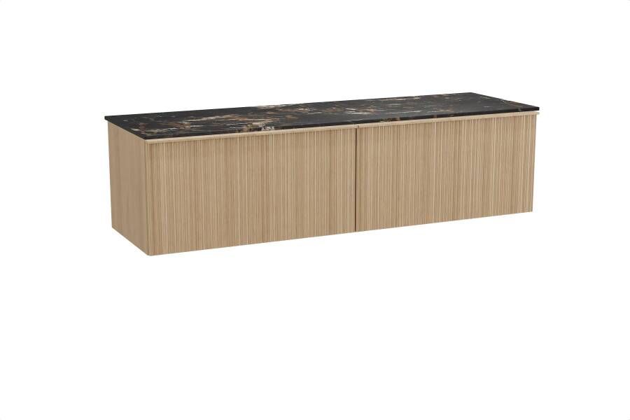 Balmani Forma zwevend badmeubel 180 x 55 cm naturel eiken met Stretto enkel of dubbel wastafelblad in marmer portoro gold Verticale asymmetrische ronde ribbel