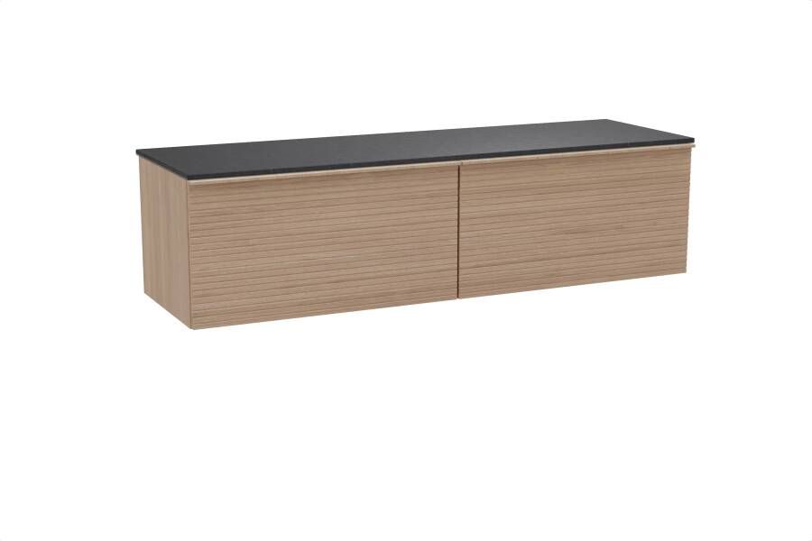 Balmani Forma zwevend badmeubel 180 x 55 cm naturel eiken met Stretto enkel of dubbel wastafelblad in zwart graniet Horizontale symmetrische rechte ribbel