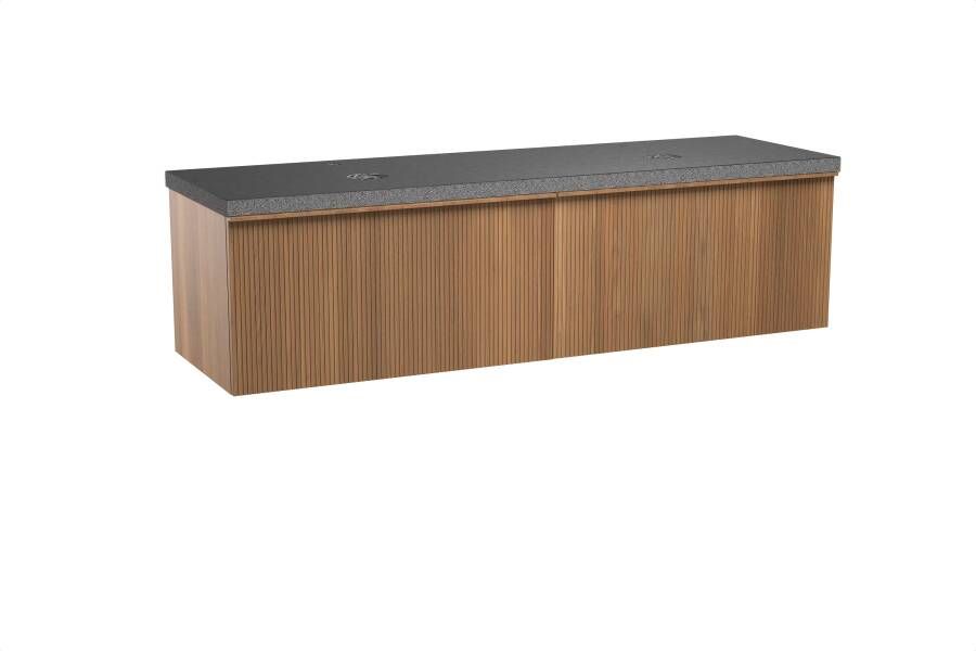 Balmani Forma zwevend badmeubel 180 x 55 cm teakhout met Rock dubbel wastafelblad in zwart graniet Verticale symmetrische rechte ribbel