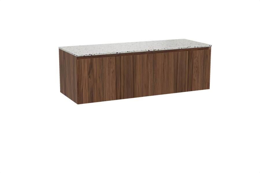 Balmani Idra zwevend badmeubel 150 x 55 cm notenhout met Stretto enkel of dubbel wastafelblad in mat wit zwart terrazzo