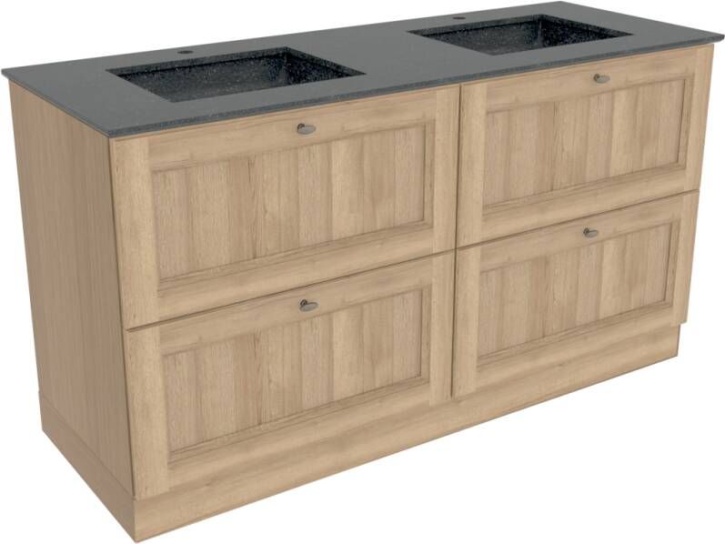 Balmani Lemon staand badkamermeubel 150 x 55 cm verweerd eiken met Tablo Facetta dubbele wastafel in verzoete graniet