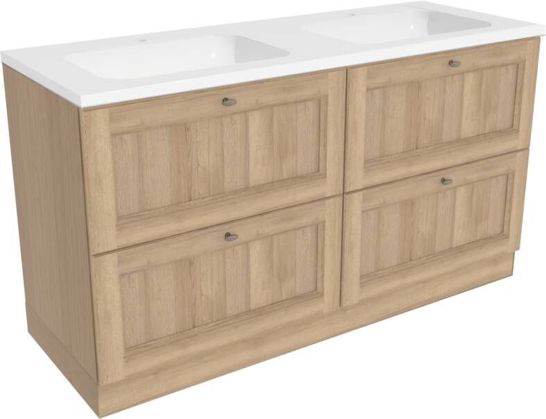 Balmani Lemon staand badkamermeubel 150 x 55 cm verweerd eiken met Tablo Radiante dubbele wastafel in glanzend composiet marmer