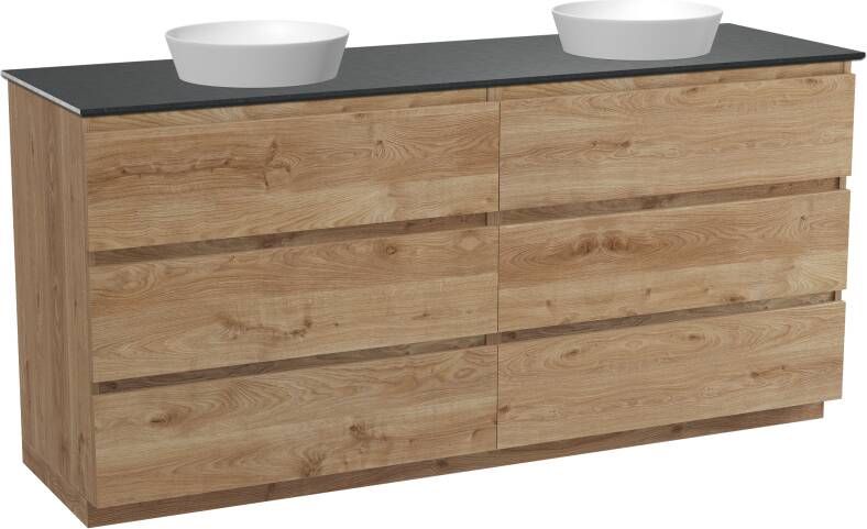 Balmani Lucida staand badkamermeubel 180 x 55 cm ruw eiken met Facetta dubbele wastafel in verzoete graniet