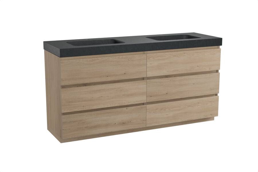 Balmani Lucida staand badkamermeubel 180 x 55 cm verweerd eiken met Napoli dubbele wastafel in verzoete graniet