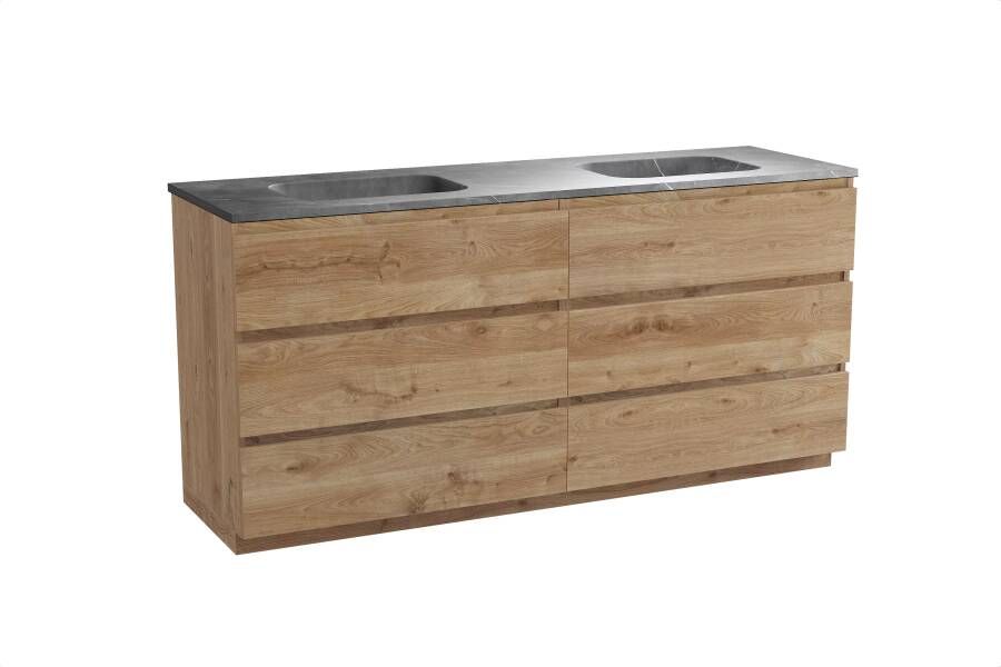 Balmani Lucida staand badmeubel 180 x 55 cm ruw eiken met Tablo Arcato dubbele wastafel in marmer pietra grey