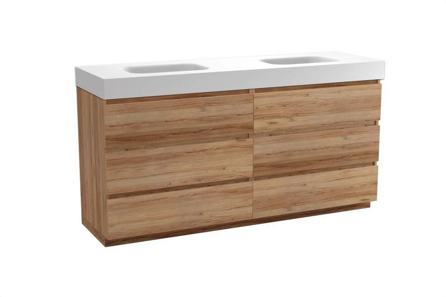 Balmani Lucida staand badmeubel 180 x 55 cm teakhout met Arcato dubbele wastafel in solid surface mat wit