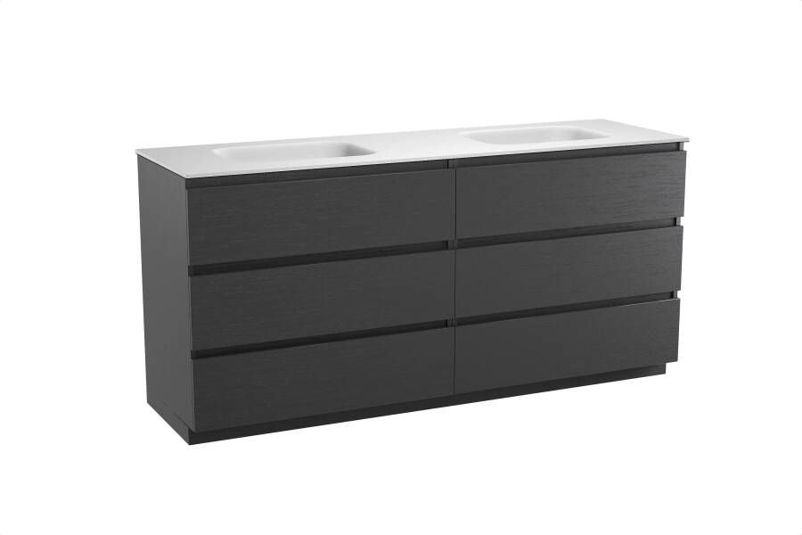 Balmani Lucida staand badmeubel 180 x 55 cm zwart eiken met Tablo Arcato dubbele wastafel in solid surface mat wit