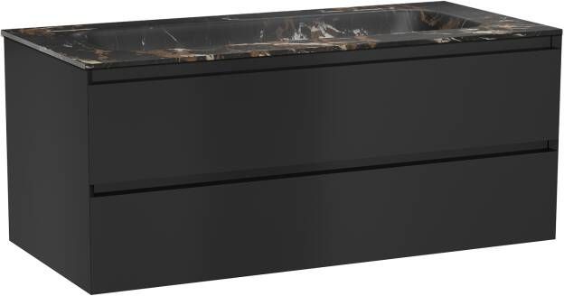 Balmani Mitra zwevend badkamermeubel 120 x 55 5 cm mat zwart met Tablo Arcatto enkele wastafel voor 2 kraangaten in matte Solid Surface