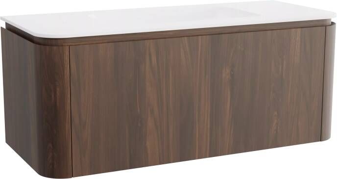 Balmani Moon zwevend badmeubel 130 x 55 cm amerikaans notenhout met Moon enkele wastafel in solid surface mat wit