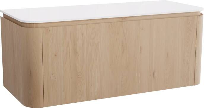 Balmani Moon zwevend badmeubel 130 x 55 cm naturel eiken met Moon enkel of dubbel wastafelblad in solid surface mat wit