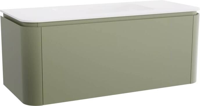 Balmani Moon zwevend badmeubel 130 x 55 cm saliegroen met Moon enkele wastafel in solid surface mat wit