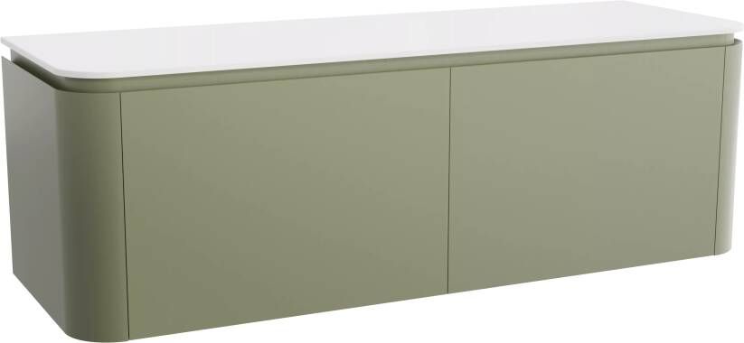 Balmani Moon zwevend badmeubel 160 x 55 cm saliegroen met Moon enkel of dubbel wastafelblad in solid surface mat wit
