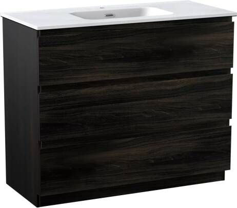 Linie Lado staand badmeubel 100 x 46 cm donkere notenhout met Baro enkele wastafel in mat witte porselein