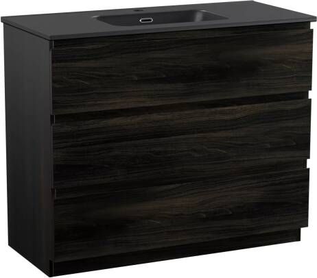 Linie Lado staand badmeubel 100 x 46 cm donkere notenhout met Baro enkele wastafel in mat zwarte porselein