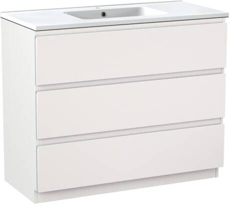 Linie Lado staand badmeubel 100 x 46 cm mat wit met Vano enkele wastafel in glanzend composiet marmer
