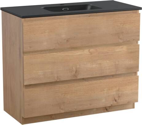 Linie Lado staand badmeubel 100 x 46 cm naturel eiken met Baro enkele wastafel in mat zwarte porselein