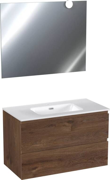 Linie Lado zwevend badkamermeubel 90 x 46 cm bruine eik met Baro enkele wastafel in glanzend witte porselein en Vista spiegel met Globe verlichting