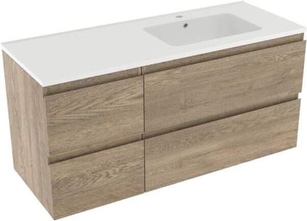 Linie Lado zwevend badmeubel 120 x 46 cm grijs eiken met Vano asymmetrisch rechtse wastafel in mat composiet marmer